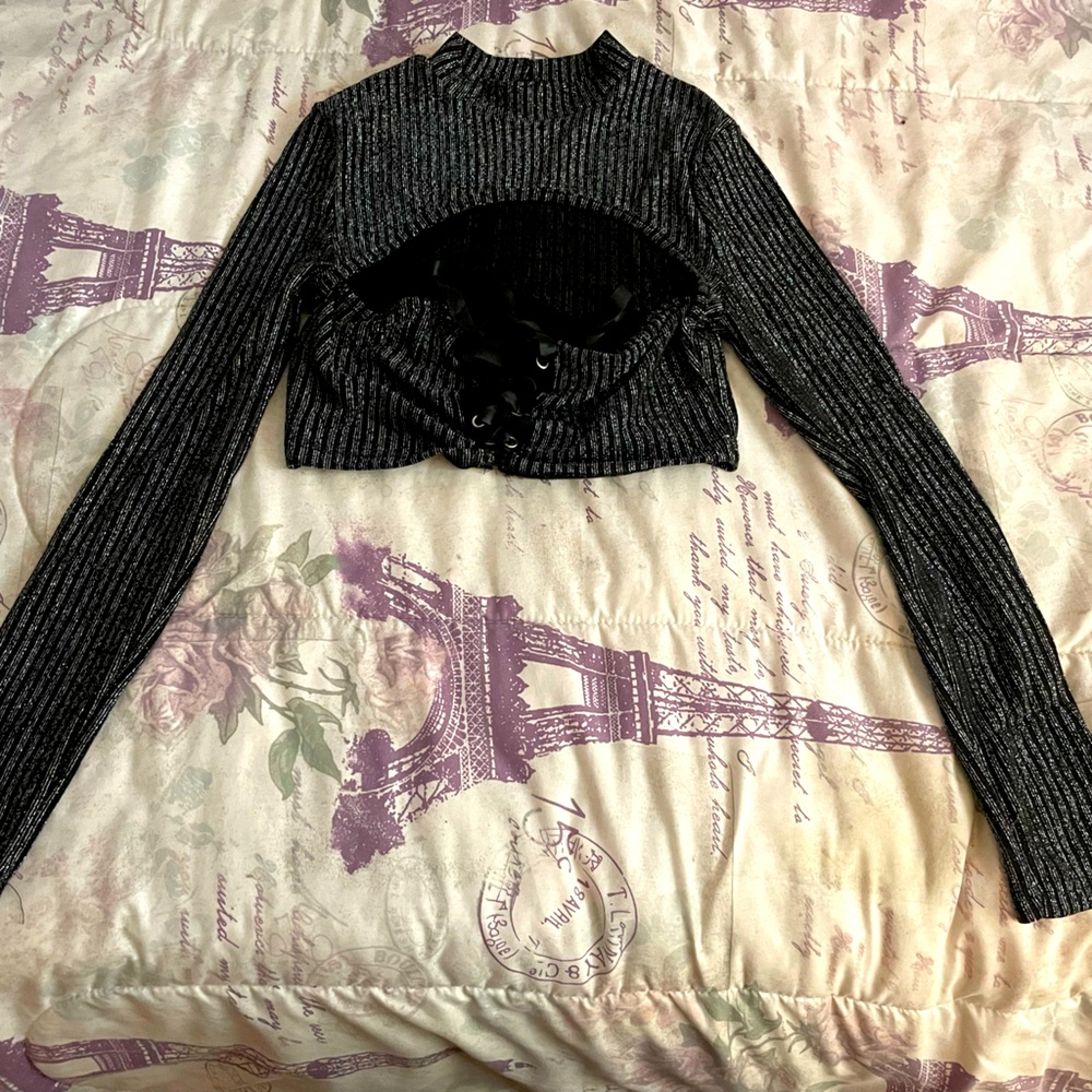Glitter lace up silver and black crop top, size s with draw string in front
